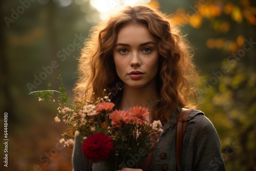 Portrait of attractive smilling woman with autumn seasonal flowers bouquet