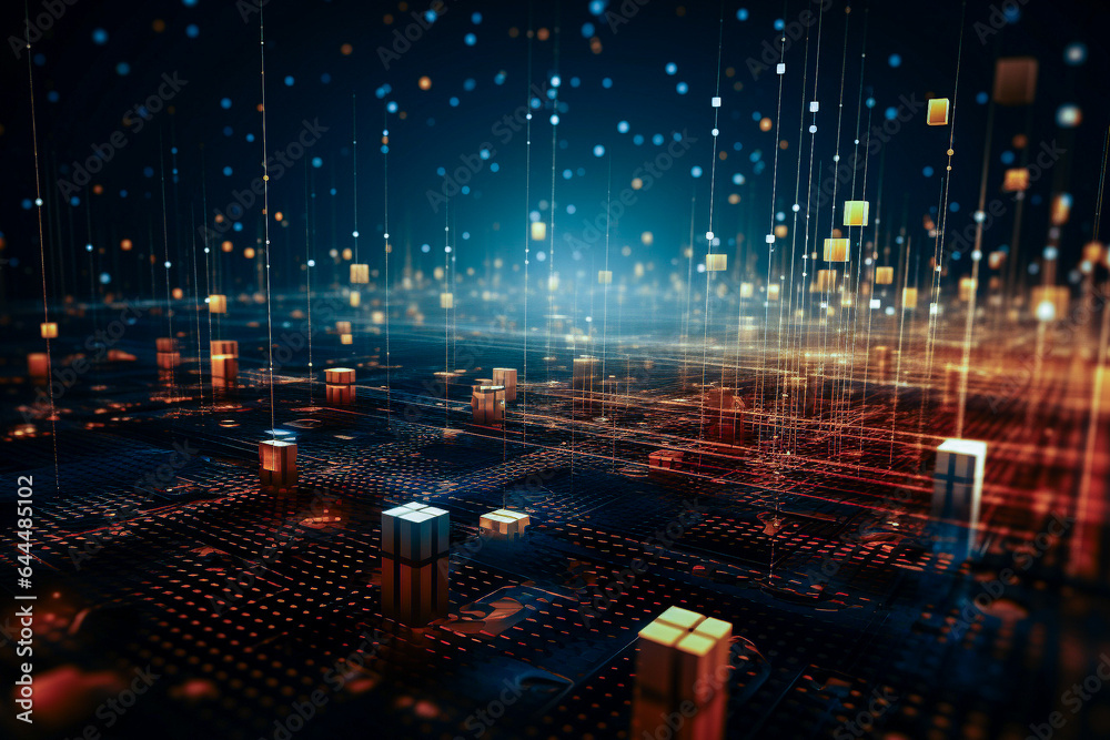 Fototapeta premium Abstract colorful illuminated circles, dots and lines on dark technology background. Digital data visualization. Tech, business, science concept. AI generated illustration.