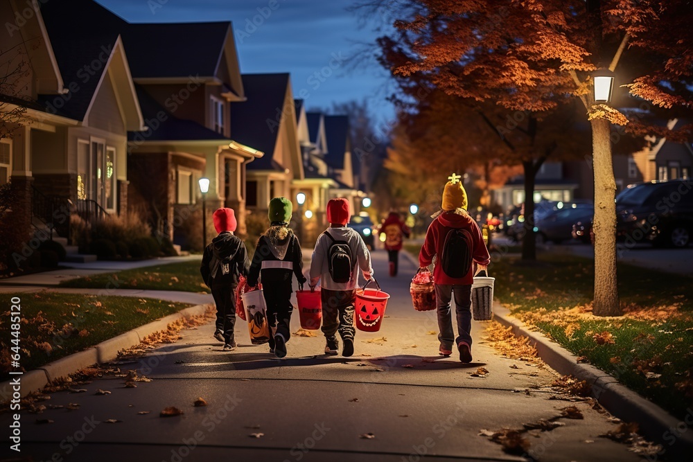 A group of Children In Halloween Costumes Trick Or Treating in evenig night