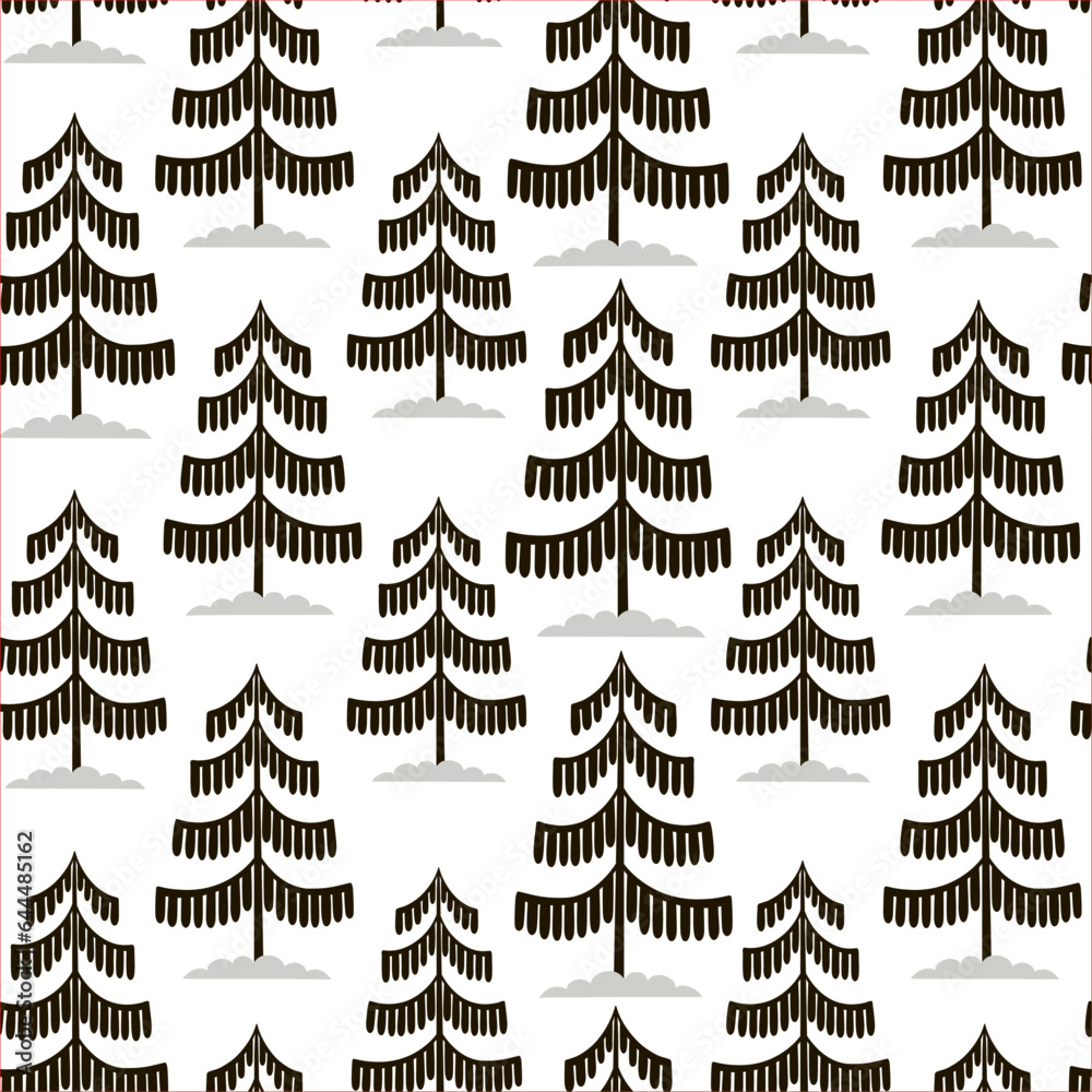 Obraz premium Christmas tree seamless pattern. Winter forest hand drawn graphic Noel print, New year holidays decoration, black and white background with fir tree, wallpaper, wrapping paper design, gift wrap