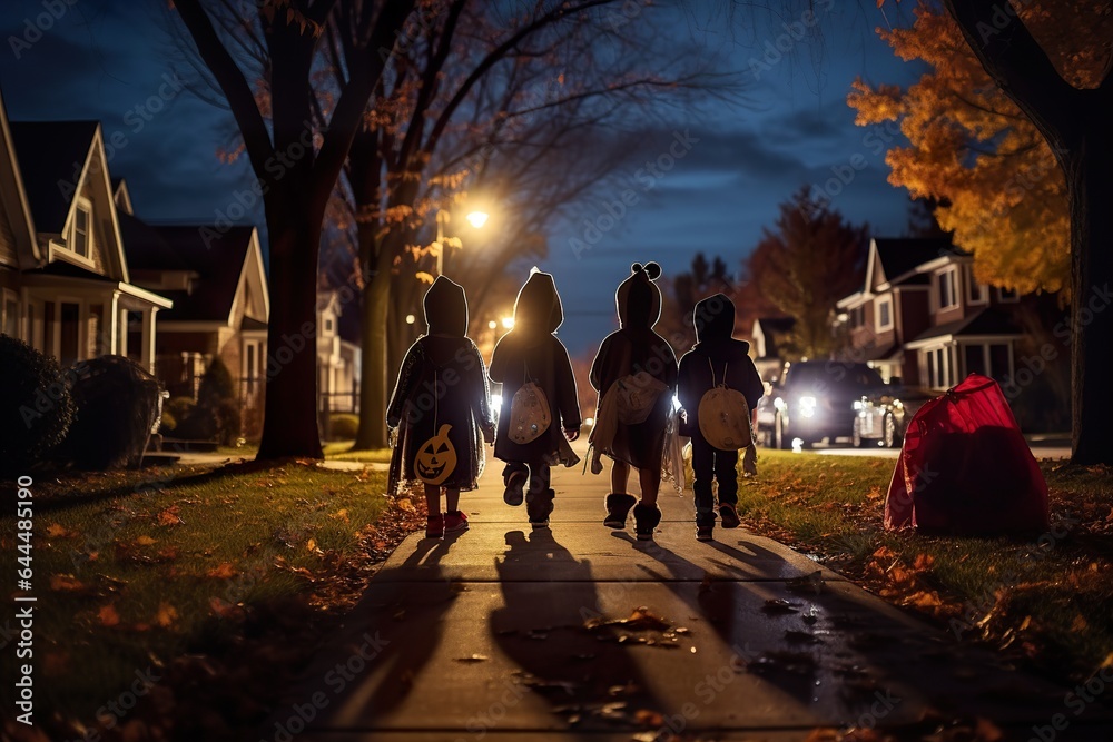 A group of Children In Halloween Costumes Trick Or Treating in evenig night