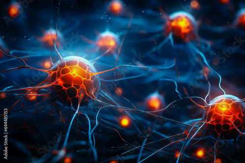Glowing neuron cells and synapses building a neural network, human nervous system. Blurred dark background. AI generated illustration. Medicine and science concept. © Anna
