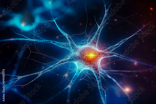 Glowing neuron cells and synapses building a neural network  human nervous system. Blurred dark background. AI generated illustration. Medicine and science concept.
