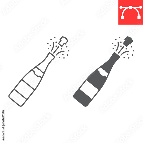 Champagne bottle pop line and glyph icon, holiday and merry christmas, opening bottle of wine vector icon, popping cork vector graphics, editable stroke outline sign, eps 10.