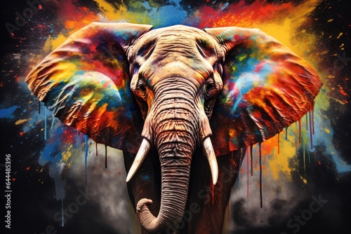 Colorful painting of a elephant with creative abstract elements as background © loran4a