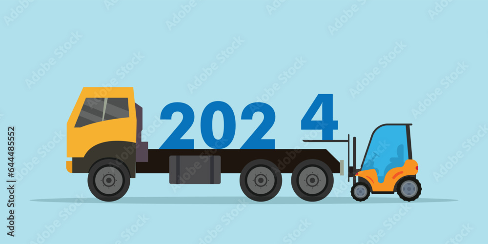 Forklift lifting 2024 numbers on a truck 2d vector illustration concept for banner, website, landing page, flyer, etc