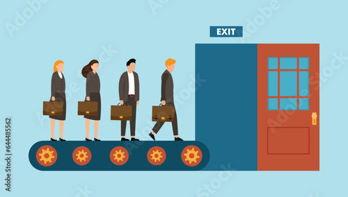 Employees on a conveyor belt leaving their jobs as a metaphor for great resignation 2d vector illustration concept for banner, website, landing page, flyer, etc