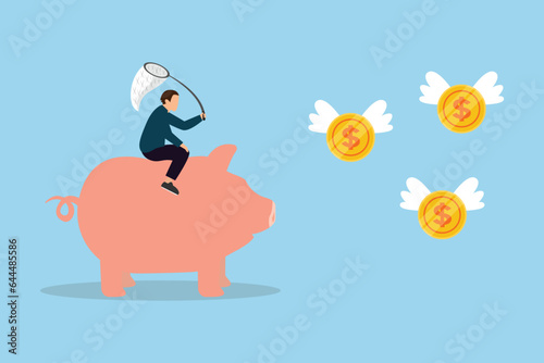 Young man is riding on piggy bank use insect net trying to catch flying dollar coin 2d vector illustration concept for banner, website, landing page, flyer, etc