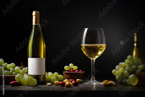 Wine glass of white wine, wine bottle and grapes on black background. Commercial promotional photo 