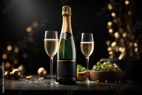 Two glasses of Champagne, Champagne bottle and fruits on dark background with bokeh. Commercial promotional photo 