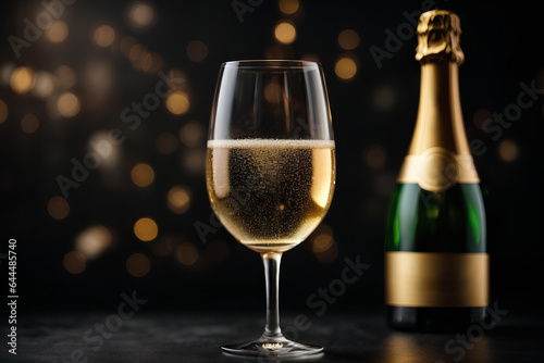 Glass of Champagne and Champagne bottle on dark background with bokeh. Commercial promotional photo