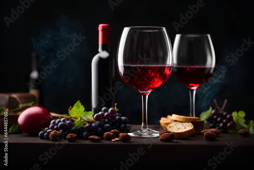 Wine glass of red wine, wine bottle and grapes on black background. Commercial promotional photo 