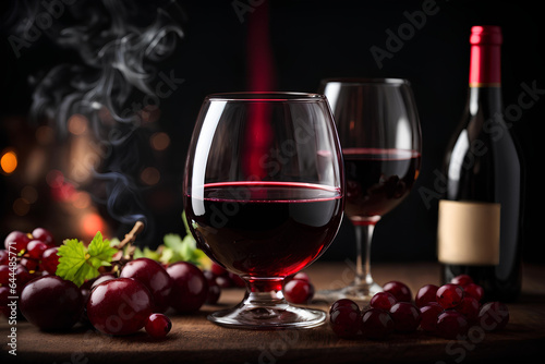 Wine glass of red wine, wine bottle and grapes on black background. Commercial promotional photo	