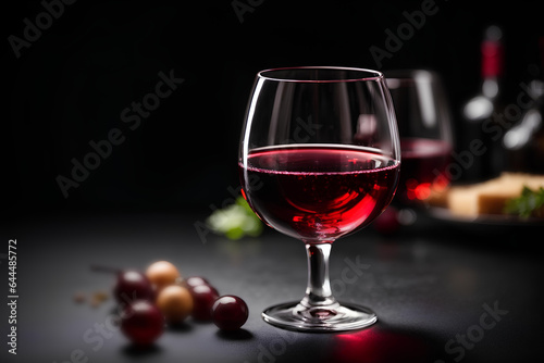 Red wine in wine glass and grapes on black background. Commercial promotional photo 