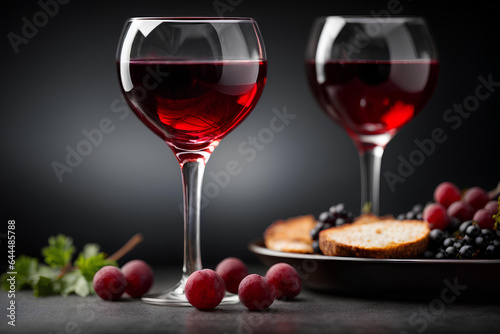 Red wine in wine glasses and grapes on black background. Commercial promotional photo