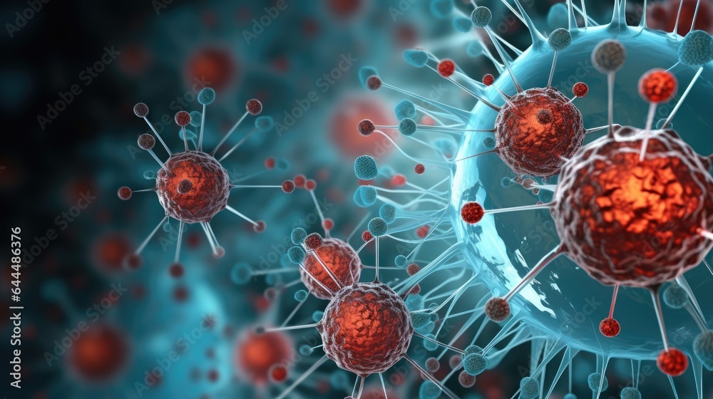 Close up macro details of red blue microbes molecules virus bacteria. Coronavirus outbreak COVID-19. Medicine concept Close up macro details of red blue microbes molecules virus bacteria. Coronavirus outbreak COVID-19. Medicine concept