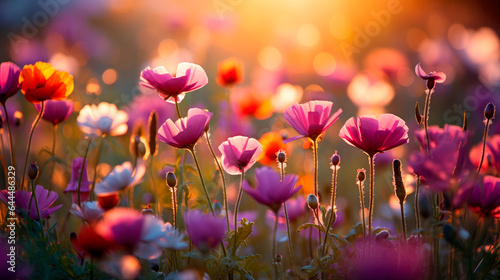 Colorful flowers illuminated by the sunset light blooming in garden