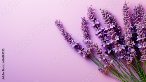 A flat lay composition of a lavender bouquet on a purple color background