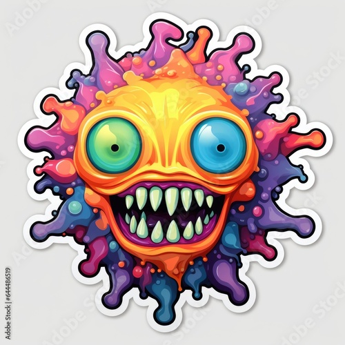 A set of virus and bacterium stickers. The sun, logo, smile face, good mood. Brutalism, modern design.