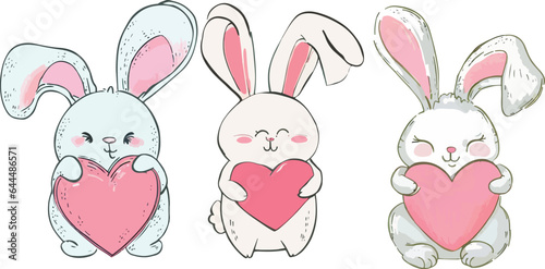 Vector set of cute rabbits holding hearts  easter bunny rabbit vector set  greeting card  child activities  baby shower