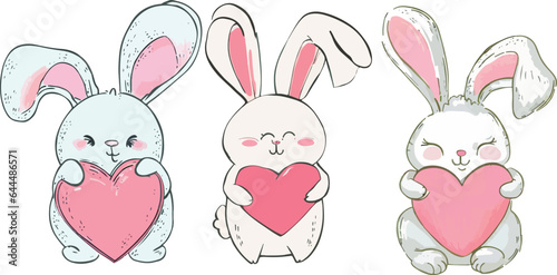 Vector set of cute rabbits holding hearts, easter bunny rabbit vector set, greeting card, child activities, baby shower