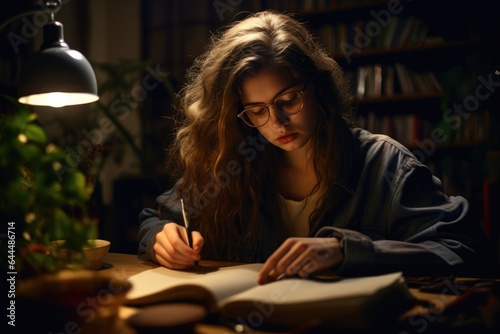 Girl with glasses doing homework.