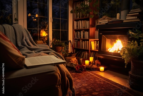 Cozy interior with warm ambient light  fireplace and autumn home accessories