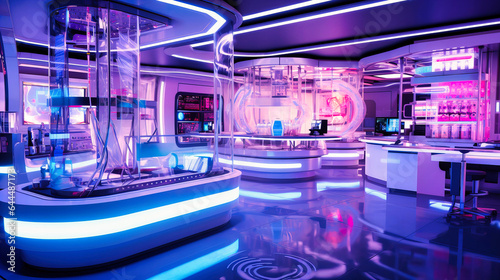 A futuristic medical lab with holographic DNA structures