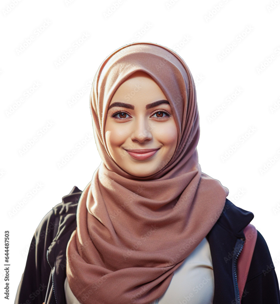 Portret uśmiechniętej islamskiej kobiety. Zagraniczna studentka. Izolowana, transparentne tło.  - obrazy, fototapety, plakaty 