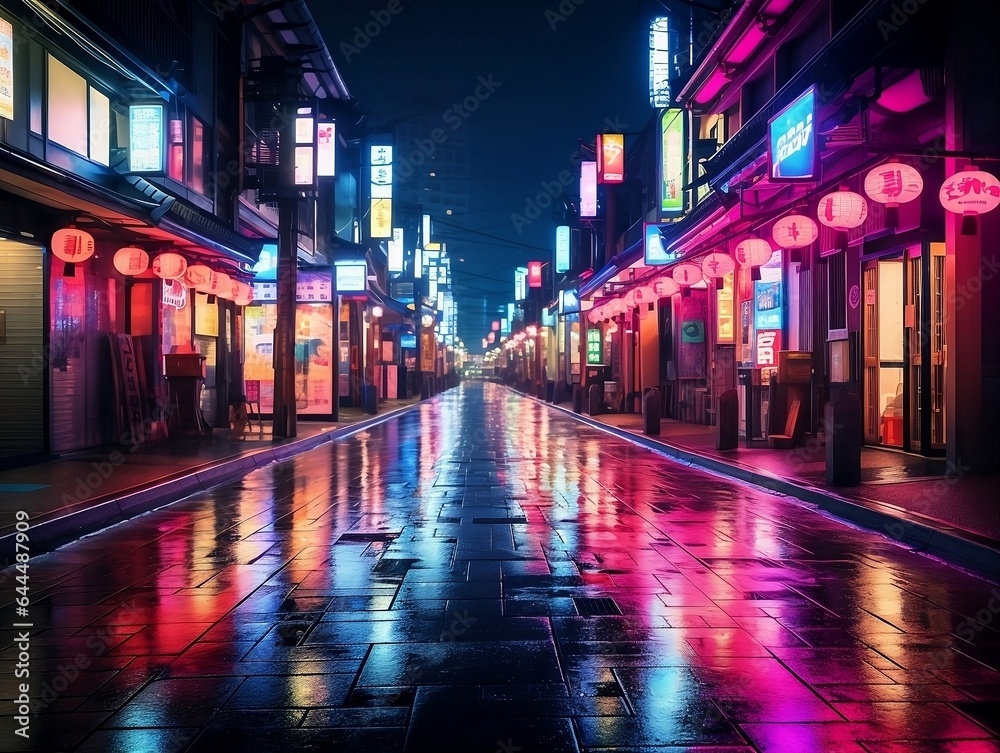 Japan neon lights wet road street background in night after rain in old town. City urban empy street with lights of shop sign and windows