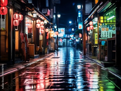 Japan neon lights wet road street background in night after rain in old town. City urban empy street with lights of shop sign and windows