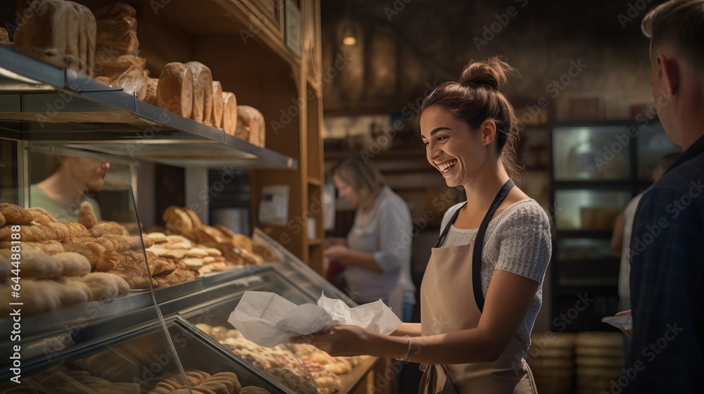 Photo of a happy woman with a bag of fresh pastries from a local bakery