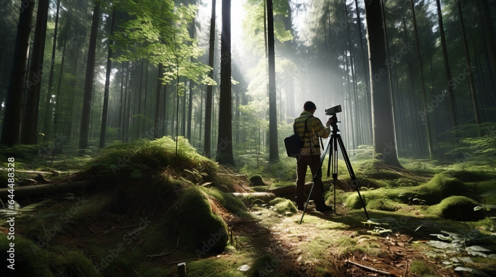 Photo of a man capturing the beauty of nature with his camera in a peaceful forest