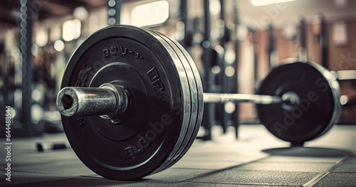 Barbell on the floor in the gym. Horizontal banner for a gym.