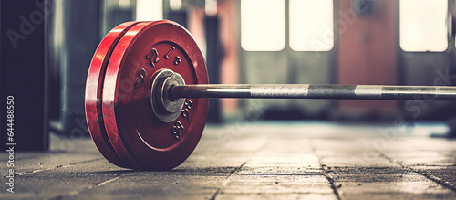 Barbell on the floor in the gym. Horizontal banner for a gym.