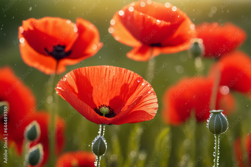 Fototapeta premium Poppy flowers, the symbol of Remembrance Day, close-up with dewdrops