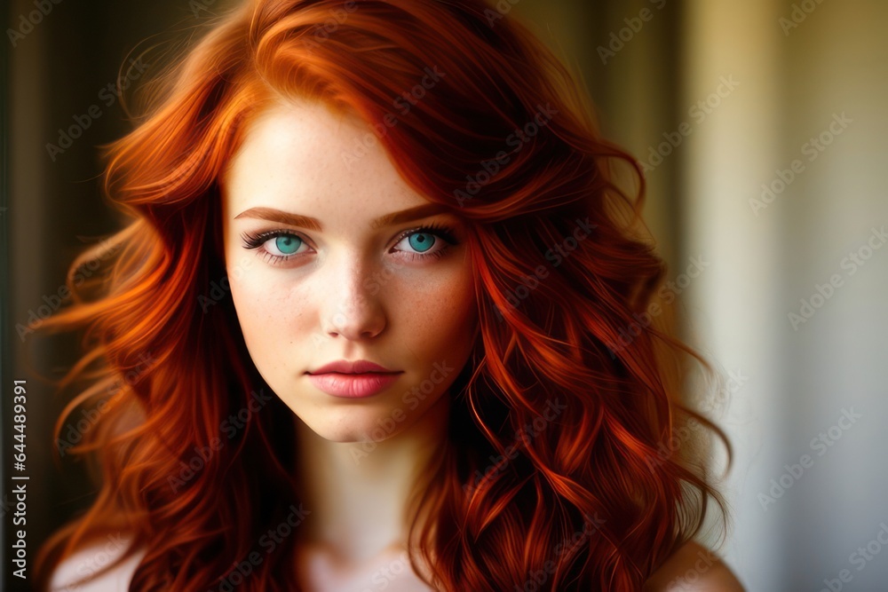Fototapeta premium Beauty red-haired young woman green eyes mysteriously looking at camera. Redhead model sexy girl beauty face. Generative AI