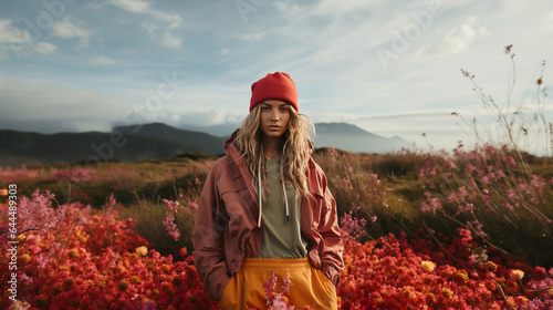 portrait of blonde model in athleisure standing a field in a beautiful landscape photo