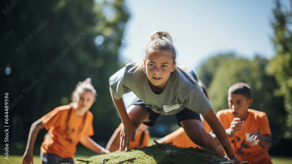 Young athletes participating in a team-building obstacle course, with ...