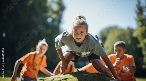 Young athletes participating in a team-building obstacle course  with copy space