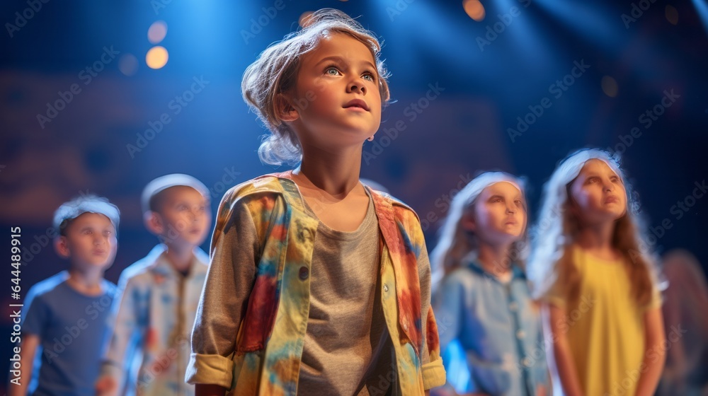 Photo of children performing on a stage - obrazy, fototapety, plakaty 