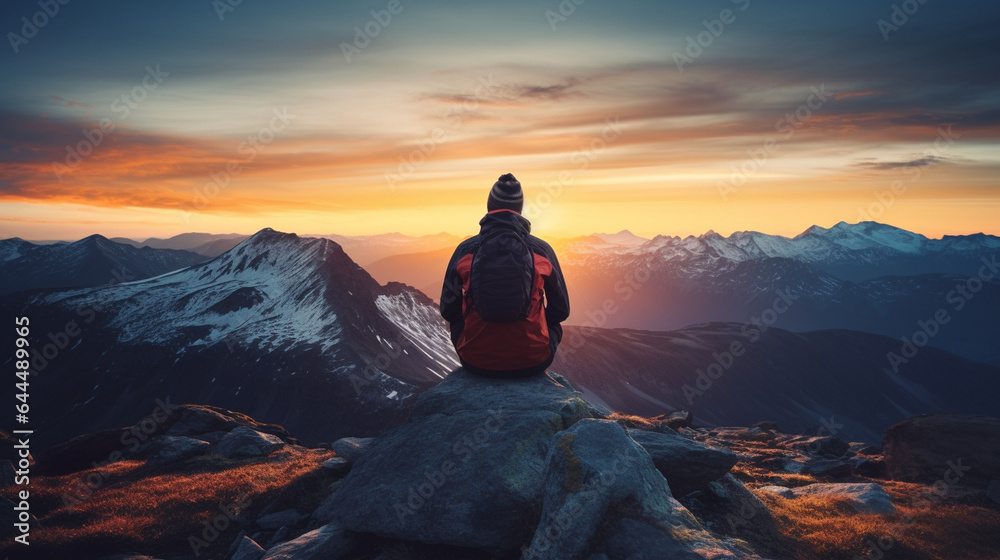 A hiker on a mountain summit, gazing at a glorious sunset and feeling content, with copy space