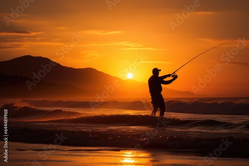 Silhouette of man fishing at sunset © kardaska