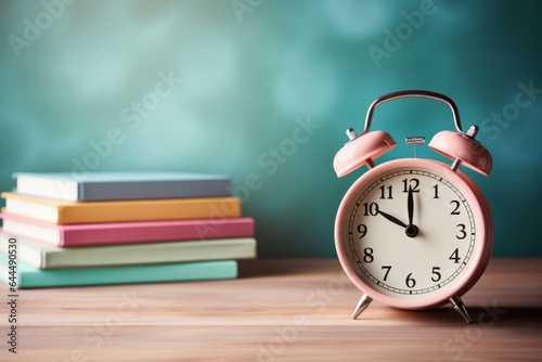 Photo of a pink alarm clock next to a stack of books created with Generative AI technology