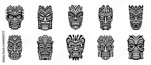 Ethnic masks. Tiki totem, voodoo african tribal head. Zulu traditional god, hawaiian indigenous vintage tattoo ritual polynesian face black vector set