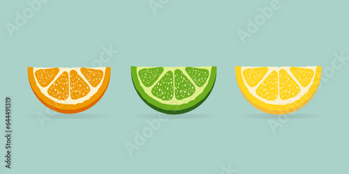 Orange, lime and lemon slices design on blue background. Vector illustration