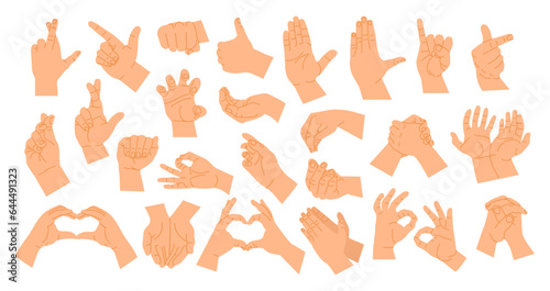 Hand gestures poses. Cartoon human hands showing different signs. Fingers and palm gesture. Showing position stop, heart, fist, pose with forefinger, various arm vector illustration