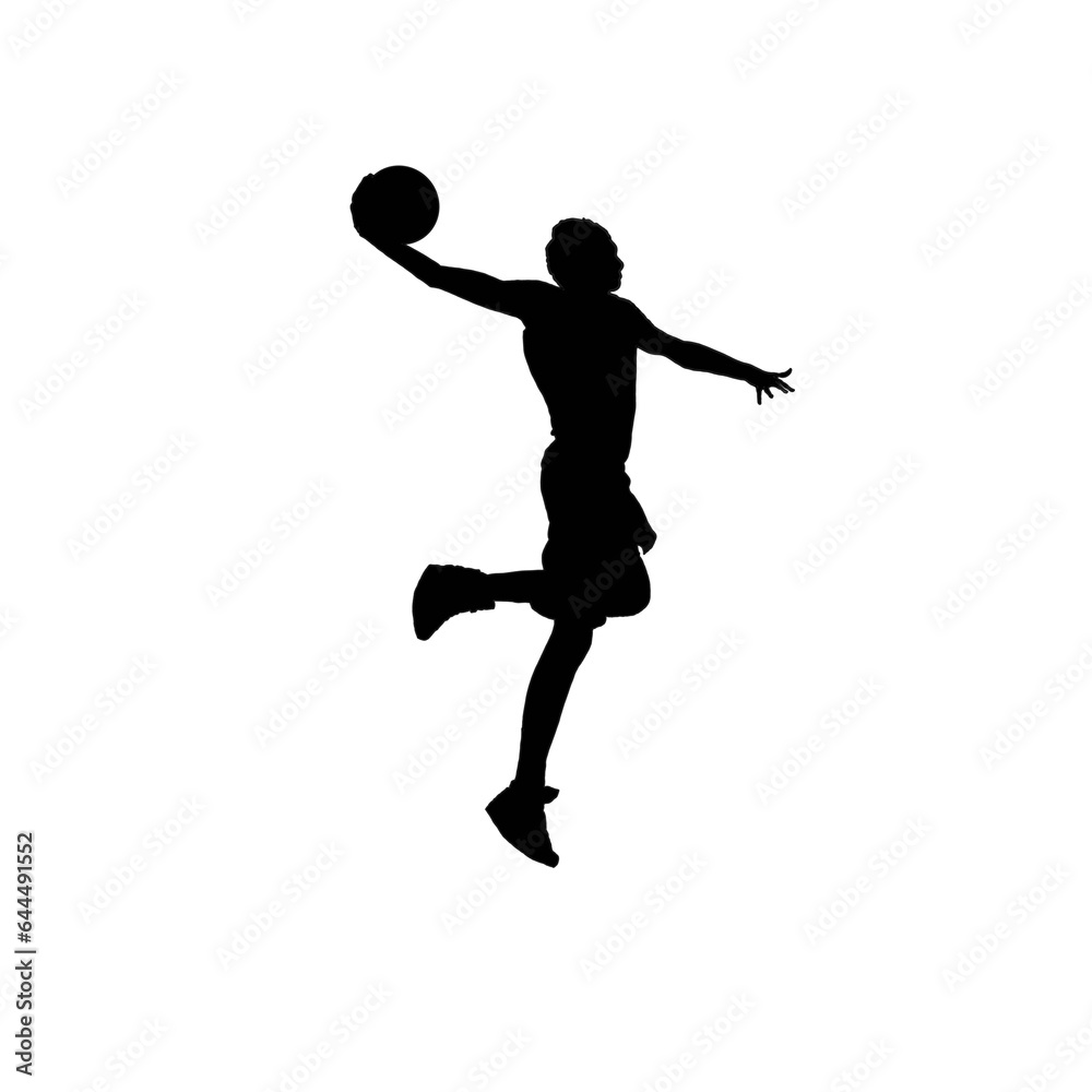 Basketball athlette in action. Basketball athlette silhouette. Black and white basketball athlette illustration.
