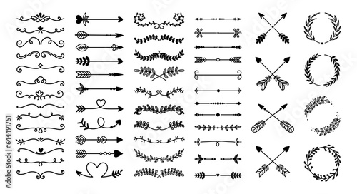 Decorative dividers. Hand drawn floral ornament, text divider, flower border, flourish arrow, foliage wreath, curly branch. Design line elements for template vector set