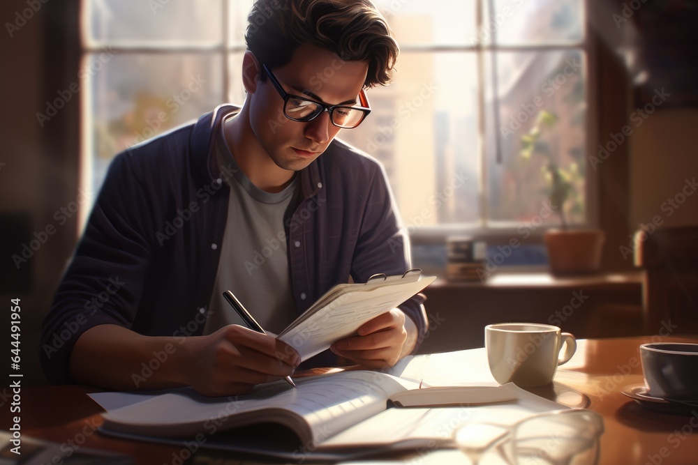 A young man with glasses does his homework on school. A young man with glasses does his homework on school.